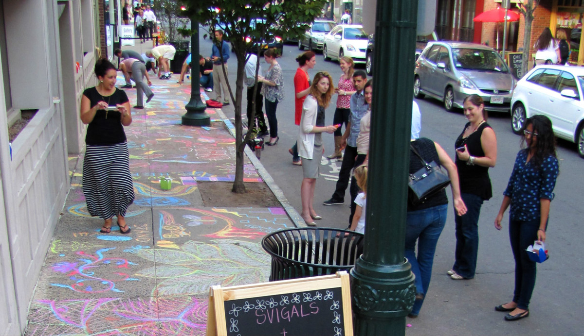 Sidewalk Chalk Party!   Invite the neighborhood to draw on sidewalks in front of your own door and inspiration unfolds. Even fading, it expresses the creativity which brought it to life. 